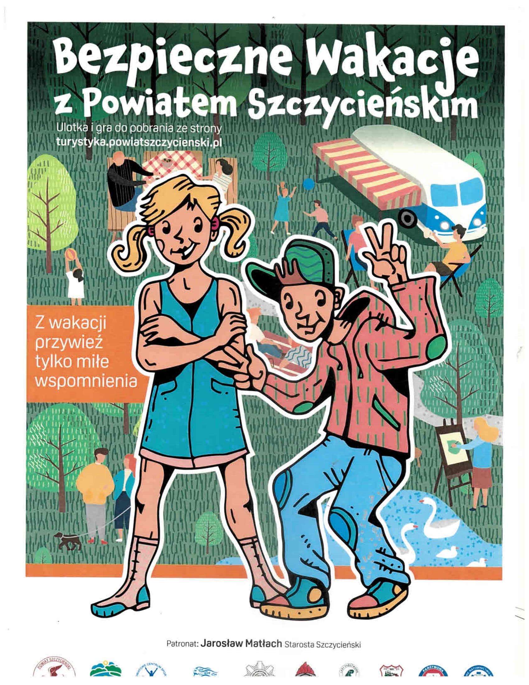 Plakat bezpieczne wakacje z powiatem szczycieńskim